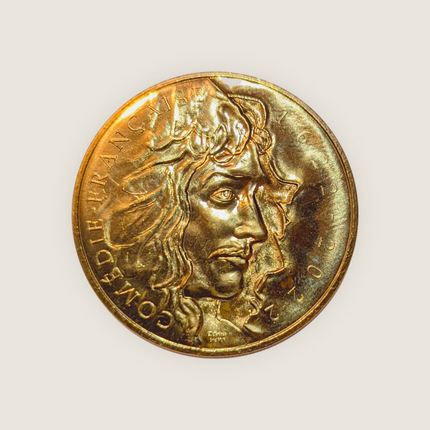 Medaille monnaie de paris commemorative moliere 400e anniversaire comedie francaise dessin eric ruf portrait de moliere