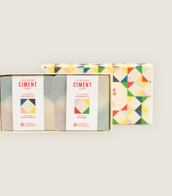 Savon Ciment - savonnerie Paris - saponification à froid - bio - naturel - arlequin - comedie francaise - coffret 2 savons 1