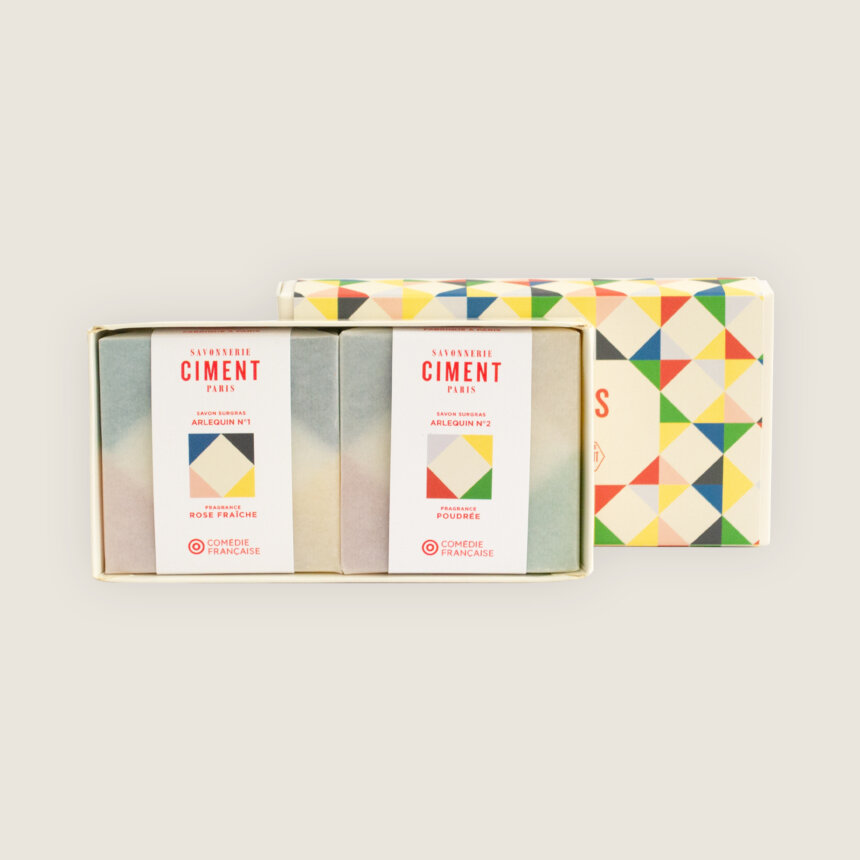 Savon Ciment - savonnerie Paris - saponification à froid - bio - naturel - arlequin - comedie francaise - coffret 2 savons 1